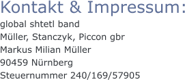 Kontakt & Impressum: global shtetl band Müller, Stanczyk, Piccon gbr Markus Milian Müller 90459 Nürnberg Steuernummer 240/169/57905